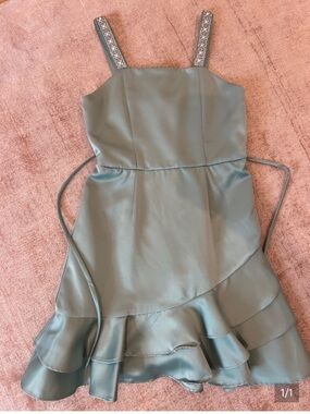 Sage Green Satin Ruffle Mini Dress with Embellished Straps